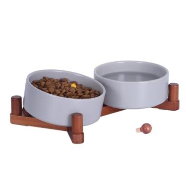 Imagem de Conjunto de tigelas de cerâmica para cães e gatos com suporte de madeira, tigelas de água e ração para animais de estimação com peso antiderrapante, alimentador duplo elevado para cães pequenos e