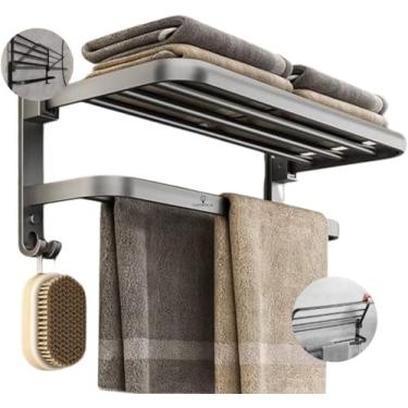 Imagem de Toalheiro Duplo Dobrável em Aço Inox – 2-em-1 Com Prateleira Retrátil, Instalação (Sem Furos), Alta Resistência à Corrosão