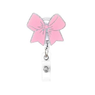 Imagem de Carretel de crachá de laço rosa, carretel retrátil de acrílico para crachá de enfermeira, clipe de identificação de estudante, suporte de laço fofo para cartão de identificação, clipes jacaré para