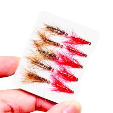 Imagem de 10 peças isca de pesca com mosca, insetos artificiais, caddis/griffith, mosca, salmão, truta, ninfa, mosca, isca de pesca (marrom e vermelho)