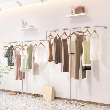 Imagem de ZDJZMGZ Suporte de parede para roupas, moderno cabideiro de prata comercial para roupas, rack de exibição de tecido para boutiques de varejo, vara de pendurar multiuso resistente para armazenamento do