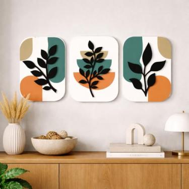 Imagem de Conjunto 3 Quadros Decorativos Abstratos Colorido Folhas para Sala Quarto Escritório em Relevo 3D