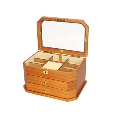 Imagem de Caixa de armazenamento de joias de madeira maciça grande caixa de joias de luxo de camada dupla com cadeado para anéis, brincos, colar pulseiras (espelho a) (vidro transparente a)