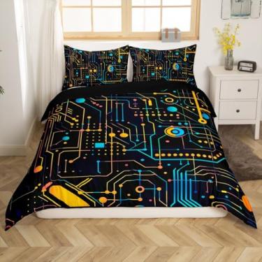 Imagem de Erosebridal Jogo de cama solteiro, placa de circuito, ciência e tecnologia, para decoração de quarto de crianças, meninos, capa de edredom com estampa azul-petróleo e listras geométricas para