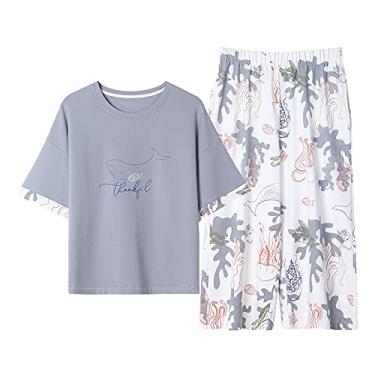 Imagem de 3FLQOOPP Conjunto feminino de malha de manga curta para dormir plus size (azul 3X)