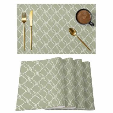 Imagem de Jogo americano geométrico, conjunto de 4, tapetes de mesa antiderrapantes à prova de calor, ondas verdes sálvia, aquarela, lavável, limpável, roupa de cama para cozinha, jantar, decoração de mesas