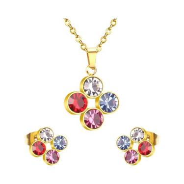 Imagem de Conjunto De Joias Femininas Em Aço Inoxidável Com Flor E Zircônia Cúbi