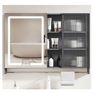 Imagem de Armário de banheiro moderno de LED com armazenamento, armário de espelho montado na parede, espelho inteligente elegante, 60 x 65 cm, perfeito para banheiros contemporâneos