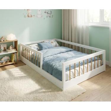 Imagem de Cama Casal Montessoriana Com Colchão Infantil Quarto Criança Meninas E Meninos Berço Moderno Com Grade Lateral Proteção