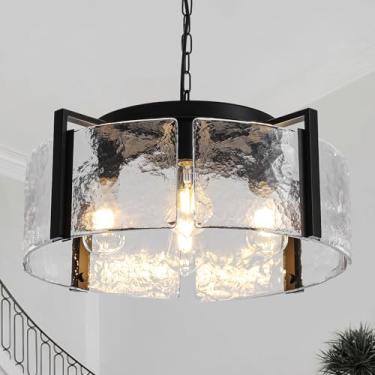 Imagem de Lustres de vidro de tambor para sala de jantar 52 cm grande moderno casa de fazenda lustre preto 4 luzes pendentes redondas luminárias de teto lustre para entrada, hall de entrada, cozinha, ilha, sala