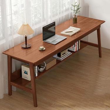 Imagem de Mesa de madeira maciça, estação de escrita extra longa para 2 pessoas com estante e prateleiras de armazenamento, mesa de trabalho grande para computador para escritório doméstico, mesa de estudo para