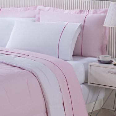 Imagem de Kit Edredom 100% Algodão Percal 150 Fios Dupla Face Solteiro + Jogo De Cama 5 Peças Rosa-branco