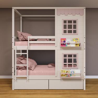 Imagem de Beliche Casinha Reta 2 Janelas 2 Gavetas Branco Rosa