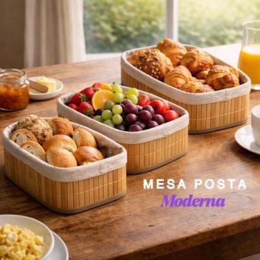 Imagem de Kit 3 Cestos Multiuso de Bambu com Forro Organizadores e Decoração Res