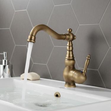 Imagem de Torneira Banheiro Lavabo Cozinha Bancada Latão Altura Média Giro 360º 