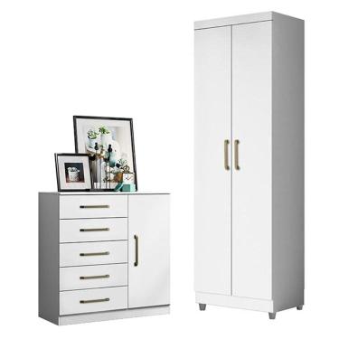 Imagem de Cômoda Sapateira Milão 2014145 e Armário Multiuso 2000191 Branco Tx com Pés Cinza - Aramóveis