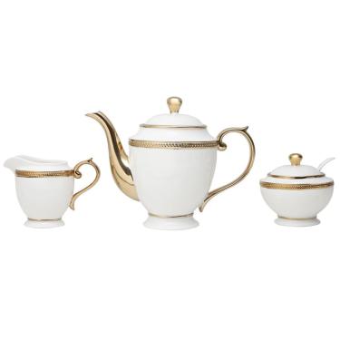 Imagem de Conjunto Bule + Açucareiro + Leiteira Paddy Porcelana Branco e Dourado Wolff