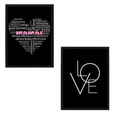 Imagem de Kit 2 Quadros Decorativos Preto Mamãe Qualidades - Love