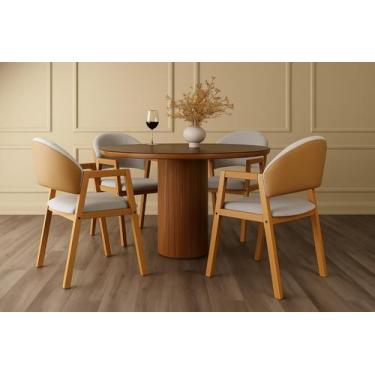 Imagem de Kit 4 cadeiras madeira tecido linho areia para seu ambiente - TEBARROT