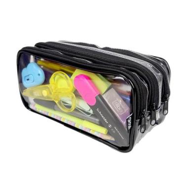 Imagem de Estojo Triplo Transparente 3 Compartimentos Grande Preto - Gicalli