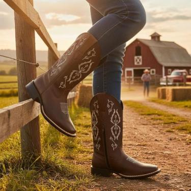 Imagem de Bota Texana Feminina em Couro Legítimo Café Cano Bordado Haras Kapell,
