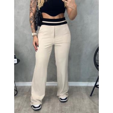 Imagem de Calça Pantalona Wide Leg Moletinho com Ziper Lateral - Genérica, Bege,