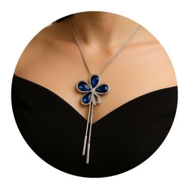 Imagem de Colar Longo Flor Prata com Cristais Azuis Feminino Luxo - anjo da mamã