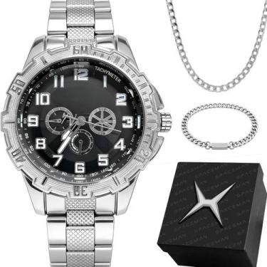 Imagem de relogio masculino aco inox + pulseira caixa + cordao grumet trabalho g