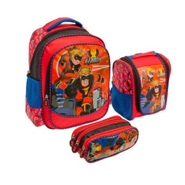 Imagem de Kit mochila lancheira estojo escolar h-family - Vozz, Vermelho