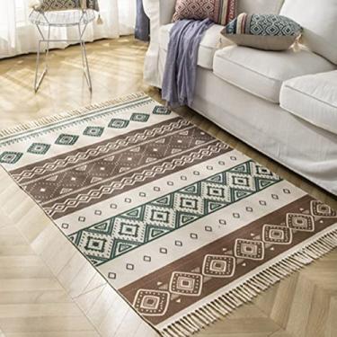 Imagem de Tapete de área de algodão boêmio com franja tecida tapete de porta geométrico com borla lavável à máquina tapete de chão para varanda cozinha sala de estar