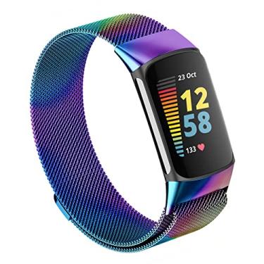 Imagem de Pulseiras de malha magnética compatíveis apenas com Fitbit Charge 5, sem design de fivela, pulseiras de aço inoxidável ajustáveis de metal para monitor de atividades Charge 5, mulheres e homens, coloridas
