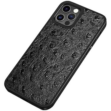Imagem de KKFAUS Capa de couro para Apple iPhone 12 Pro Max (2020) 6,7 polegadas, capa à prova de choque com textura de avestruz antiderrapante, carregamento sem fio [proteção de tela e câmera] (cor: preto)