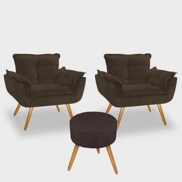 Imagem de Conjunto 2 Poltronas 1 Puff Redondo Pés Palito Suede Marrom