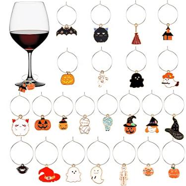 Imagem de Conjunto de 23 peças de pingentes de vinho de Halloween barra de marcadores de vidro de vinho fantasma abóbora morcego chapéu de feiticeiro vassoura castelo lua múmia esqueleto amuletos de esmalte de Halloween, liga de aço, sem pedra preciosa, Liga de aço, Sem pedra preciosa