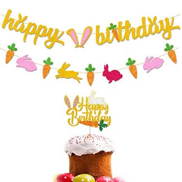Imagem de Decorações de aniversário de coelho, faixa de feliz aniversário de Páscoa, decorações de feliz Páscoa, faixa de aniversário com tema de coelho para crianças e meninas, decoração de festa de primavera