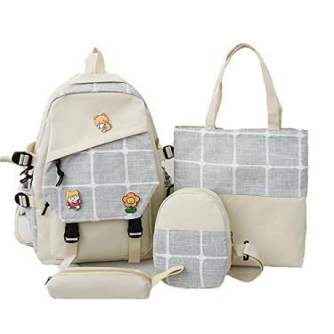 Imagem de Mochila de faculdade 4 peças mochila casual de lona com bolsa, bolsa de moedas, estojo de lápis, mochila xadrez de grande capacidade, cinza, 44 x 29 cm