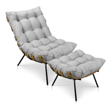 Imagem de Kit Poltrona e Puff Costela Suede Base Metal Drossi Cinza