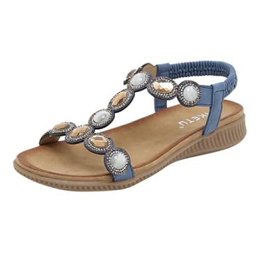 Imagem de Sandálias femininas estilo romano strass estilo boêmio moda feminina salto alto bico aberto sandálias de caminhada confortáveis para mulheres bronze (azul, 36)