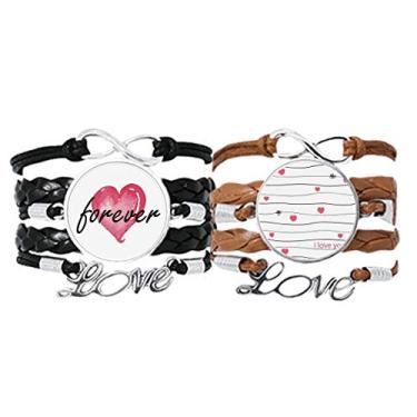 Imagem de DIYthinker Pulseira de coração rosa para o Dia dos Namorados I Love You Line pulseira de couro corda para sempre amor conjunto duplo