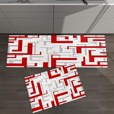 Imagem de Conjunto de 2 tapetes de cozinha padrão geométrico de meados do século vermelho cinza branco arte moderna Natal para tapetes e tapetes acolchoados para piso antiderrapante absorvente corredor confortável tapete de pé