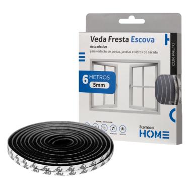 Imagem de Veda Fresta Escova Protetor De Porta Janela Adesivo 5mm Preto Stamaco Home Fita Vedação 6 Metros