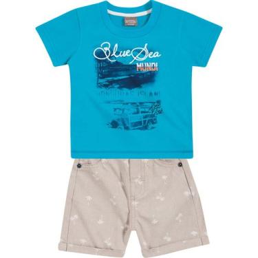 Imagem de Conjunto Bebê Brandili Camiseta e Bermuda - Em Meia Malha e Cambraia - Azul e Bege