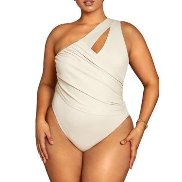 Imagem de MakeMeChic Body feminino plus size um ombro recortado sem mangas franzido camisas regatas, Bege, 1XL