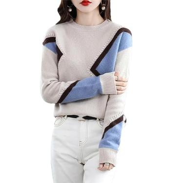Imagem de Suéter vintage de malha com painéis pulôver outono inverno solto manga longa gola redonda suéter feminino casual, Azul cáqui 9, P