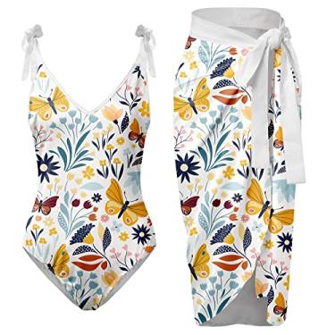 Imagem de Saída de praia feminina com saia atrevida plus size, biquíni de corda, corte alto, biquíni acanhado, Amarelo, XXG
