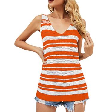 Imagem de Camiseta regata feminina tricotada estampada para sair, camiseta sexy de verão sem mangas, blusa floral, colete de festa, Laranja, P
