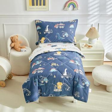 Imagem de DuShow Jogo de cama infantil de 4 peças de algodão, macio, respirável, reversível, dinossauro, carro, inclui edredom acolchoado, lençol de cima, lençol com elástico, conjunto de cama de berço azul
