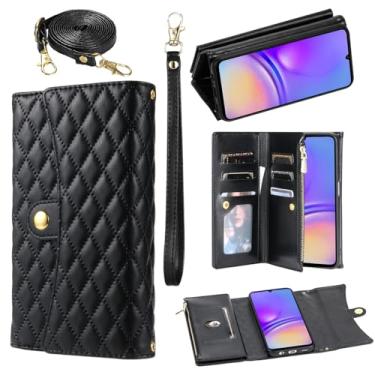 Imagem de Asuwish Capa de telefone para Samsung Galaxy A05 capa carteira com alça de pulso couro flip zíper suporte para cartão de crédito suporte celular Ao5 A 05 mulheres homens preto