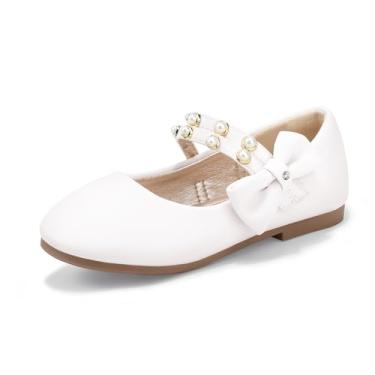 Imagem de PANDANINJIA Sapatos sociais infantis para meninas, com laço de pérolas, sapatilhas, para festa de casamento, escola, comunhão, Poliuretano branco, 21