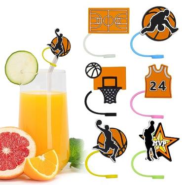 Imagem de 12 peças de bonés reutilizáveis de silicone de grau alimentício com tema de basquete, adequado para sacolas de lembrancinha de festa, festa de aniversário, lembrancinha de festa de basquete com amigos e coletes, capas de palha macias à prova de poeira para canudos de 7 a 8 mm